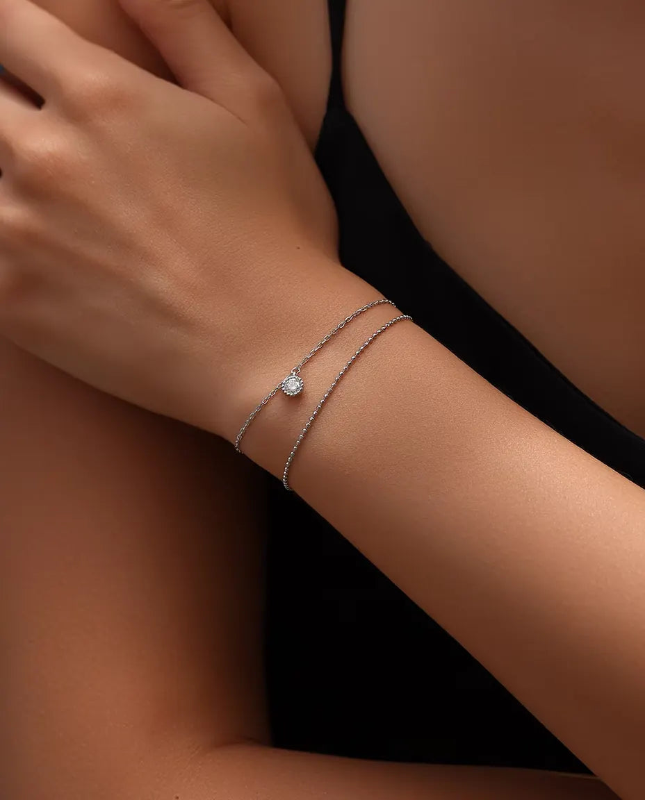 Moissanite Drop Bracelet - 0.50 ct Bezel-Set Round Stone on a Double-Strand 925 Sterling Silver Chain, 16+3 cm