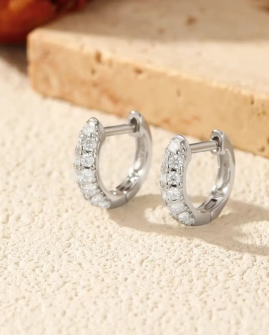 Moissanite Huggie Hoop Earrings for Women - Pave Set D Colour Moissanite on 11 mm Huggies, 925 Sterling Silver