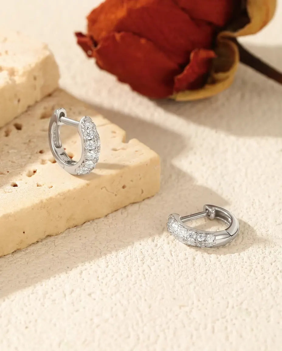 Moissanite Huggie Hoop Earrings for Women - Pave Set D Colour Moissanite on 11 mm Huggies, 925 Sterling Silver