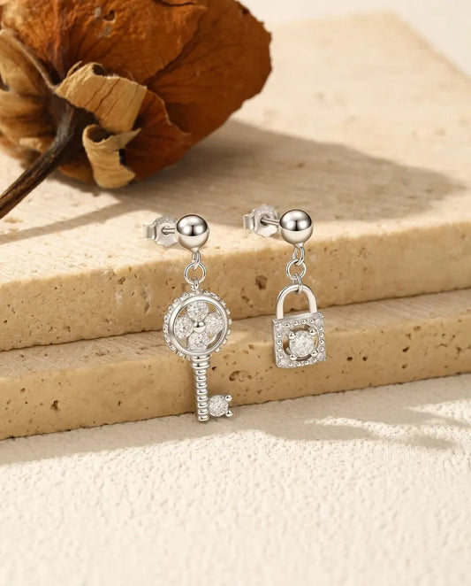 Key and Lock Mismatched Earrings - Moissanite Padlock and Key Drops in 925 Sterling Silver, Asymmetric Pair