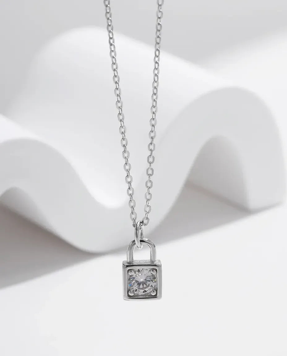 Moissanite Lock Pendant Necklace – 0.5ct D Colour Padlock Charm in 925 Sterling Silver