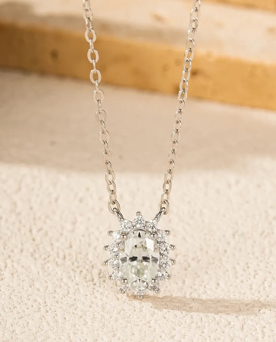 Moissanite Oval Halo Necklace – 1ct Pendant in 925 Sterling Silver, D Colour VVS1 Wedding