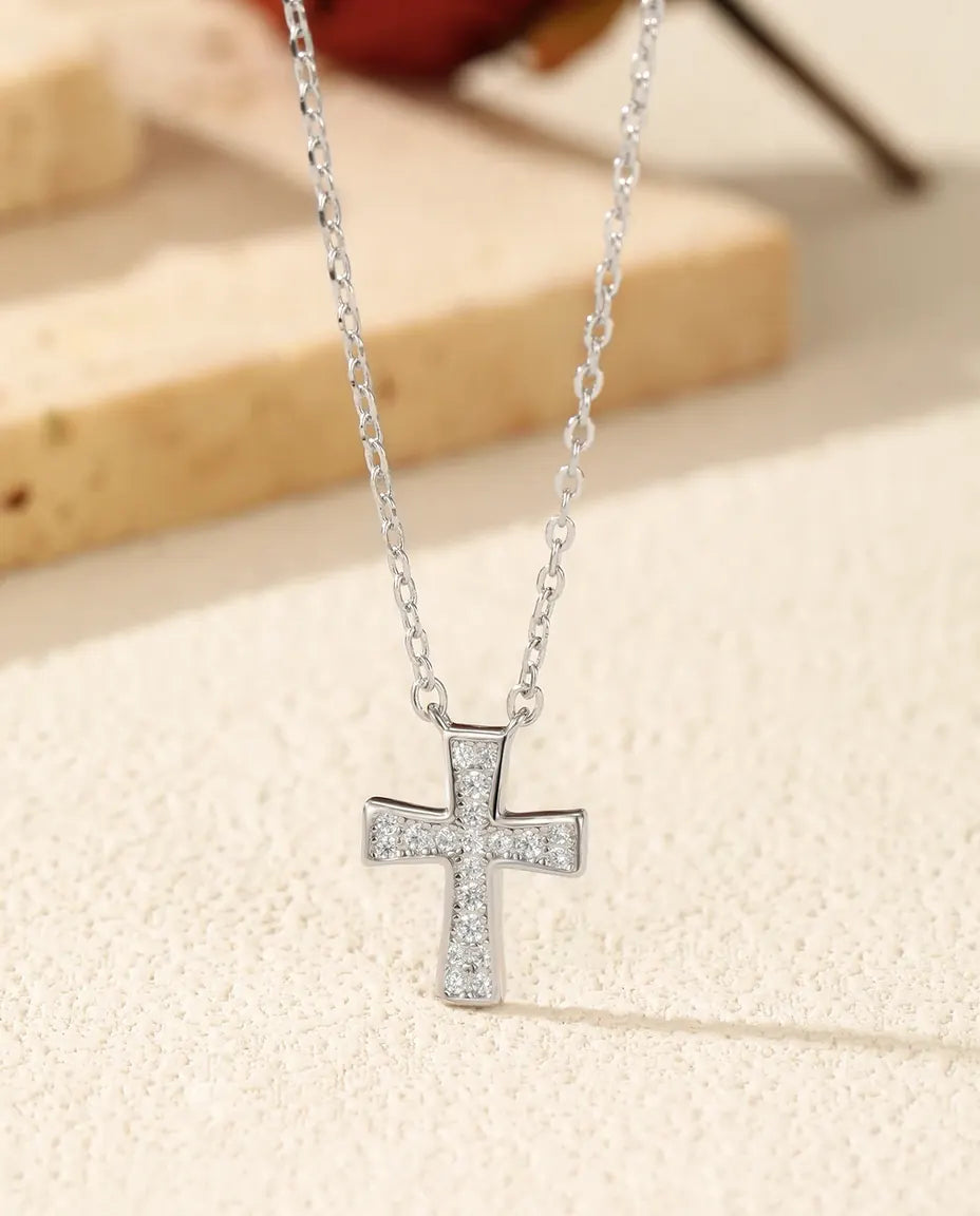 Moissanite Cross Necklace – D Colour VVS1 Pavé Cross Pendant in 925 Sterling Silver, Faith