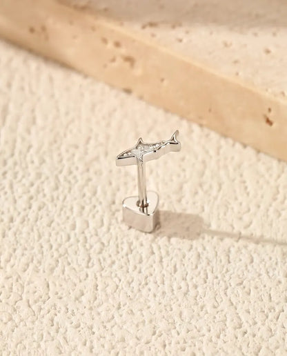 Shark Stud Earrings in 925 Sterling Silver with Moissanite - standing on its heart-shaped back, angled view