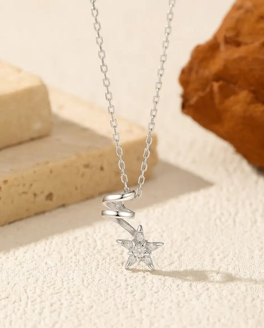 Moissanite Star Necklace - 2 mm Centre Stone with Five Pave Accents and a Spiral Link, 925 Sterling Silver