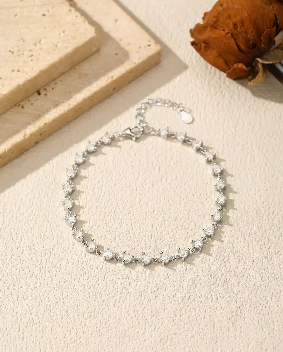 Moissanite Station Bracelet - 24 Round D Colour Stones Spaced on 925 Sterling Silver, 6.3 in with Extender