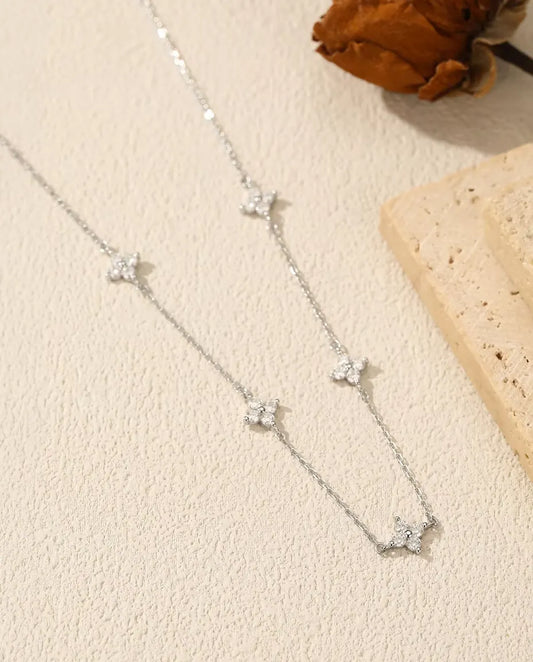 Moissanite Station Necklace - Five Clover Clusters of 20 Stones in 925 Sterling Silver, 15.7 in Chain Plus Extender