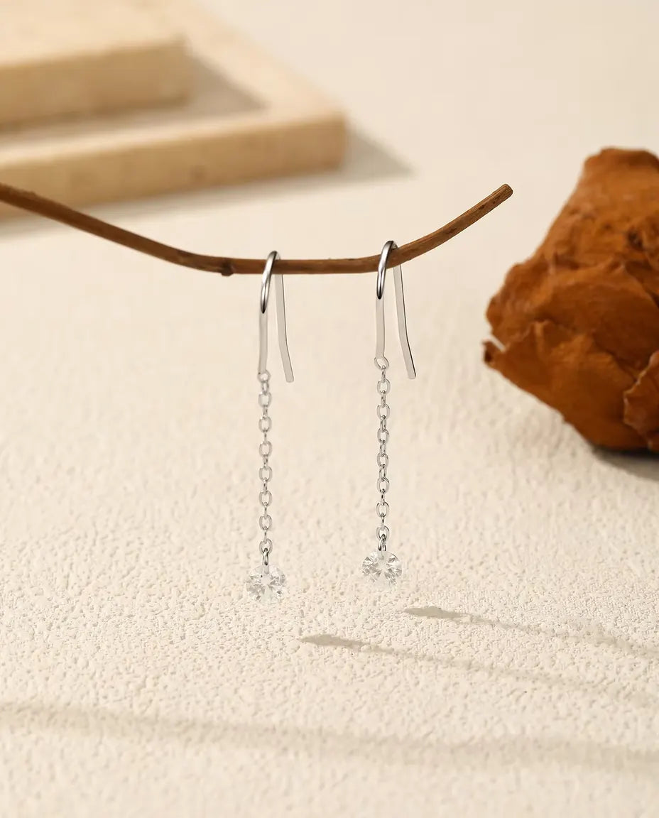Moissanite Threader Earrings - 0.30 ct 4 mm Round Stone per Earring on 35 mm Slim Pull-Through Chains, 925 Sterling Silver