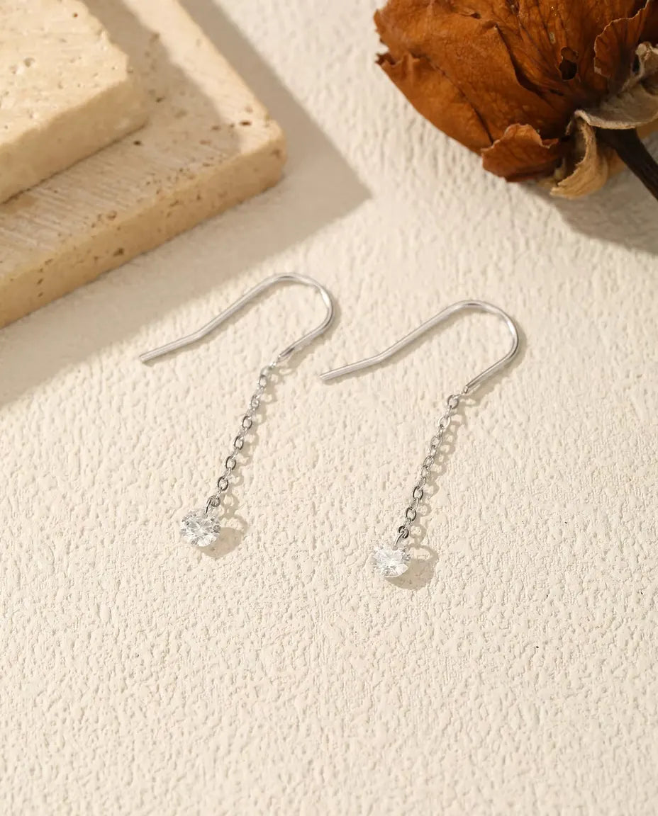 Moissanite Threader Earrings - 0.30 ct 4 mm Round Stone per Earring on 35 mm Slim Pull-Through Chains, 925 Sterling Silver
