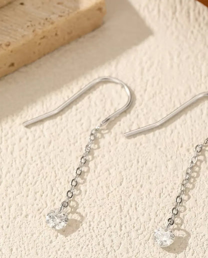 Moissanite Threader Earrings - 0.30 ct 4 mm Round Stone per Earring on 35 mm Slim Pull-Through Chains, 925 Sterling Silver