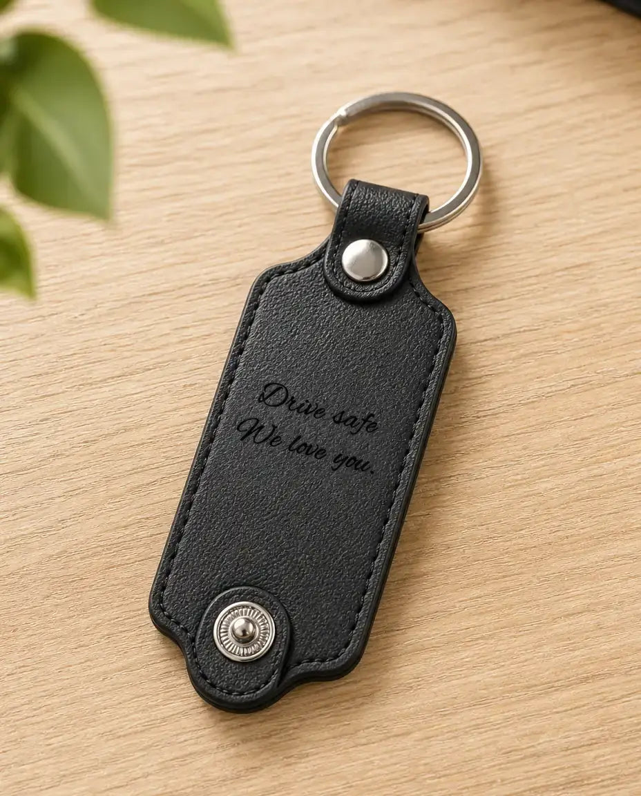 Black leather monogram photo keyring engraved with drive safe we love you
