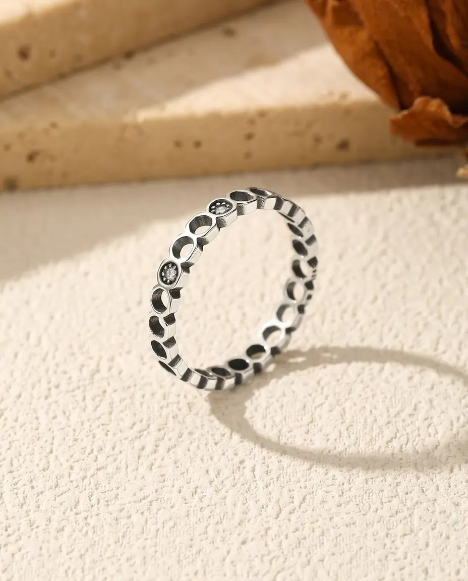 Moon Phase Eternity Ring - Openwork Circles with Two Moissanite Stones in Oxidised 925 Sterling Silver, Sizes 5 to 9