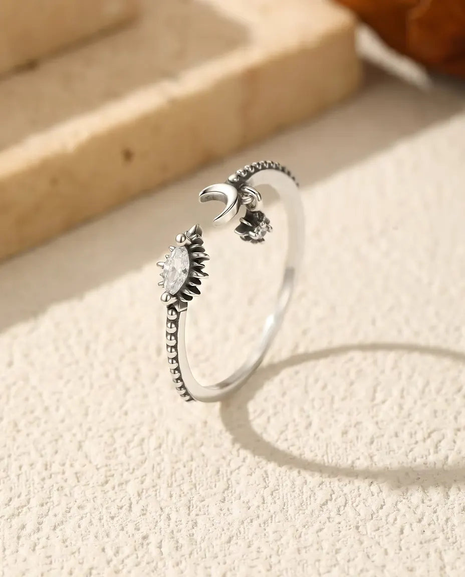 Moon and Star Open Ring - Marquise Zirconia on an Oxidised Beaded Band, 925 Sterling Silver, Adjustable 6 to 9