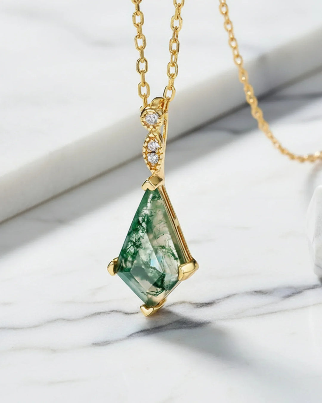 Moss Agate Necklace, 10K Gold Plated Sterling Silver Kite Cut Pendant