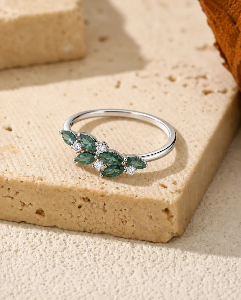 Marquise cut moss agate leaf cluster ring in 925 sterling silver with CZ accents