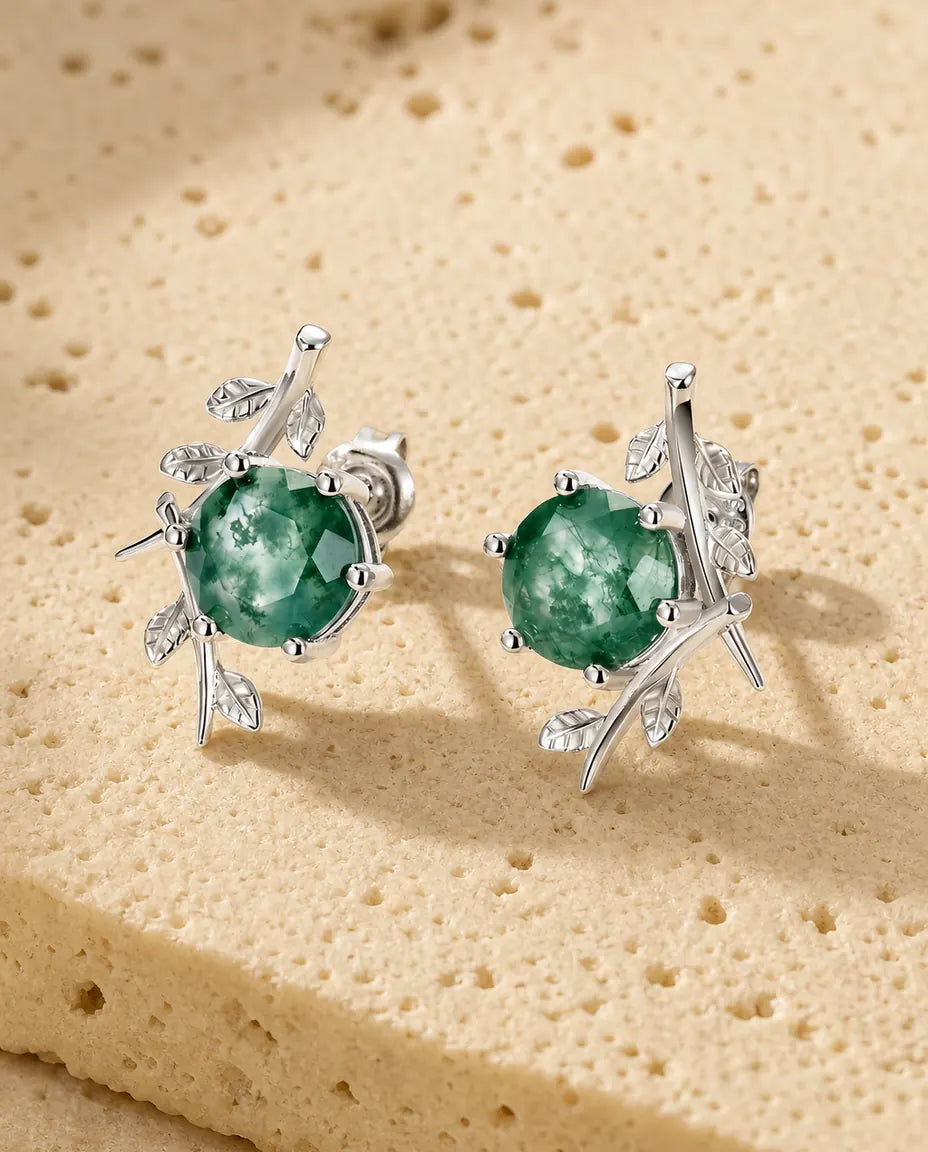 Moss Agate Stud Earrings - 8mm Round Green Moss Agate with a Leafy Silver Twig, 925 Sterling Silver, Gift for Her