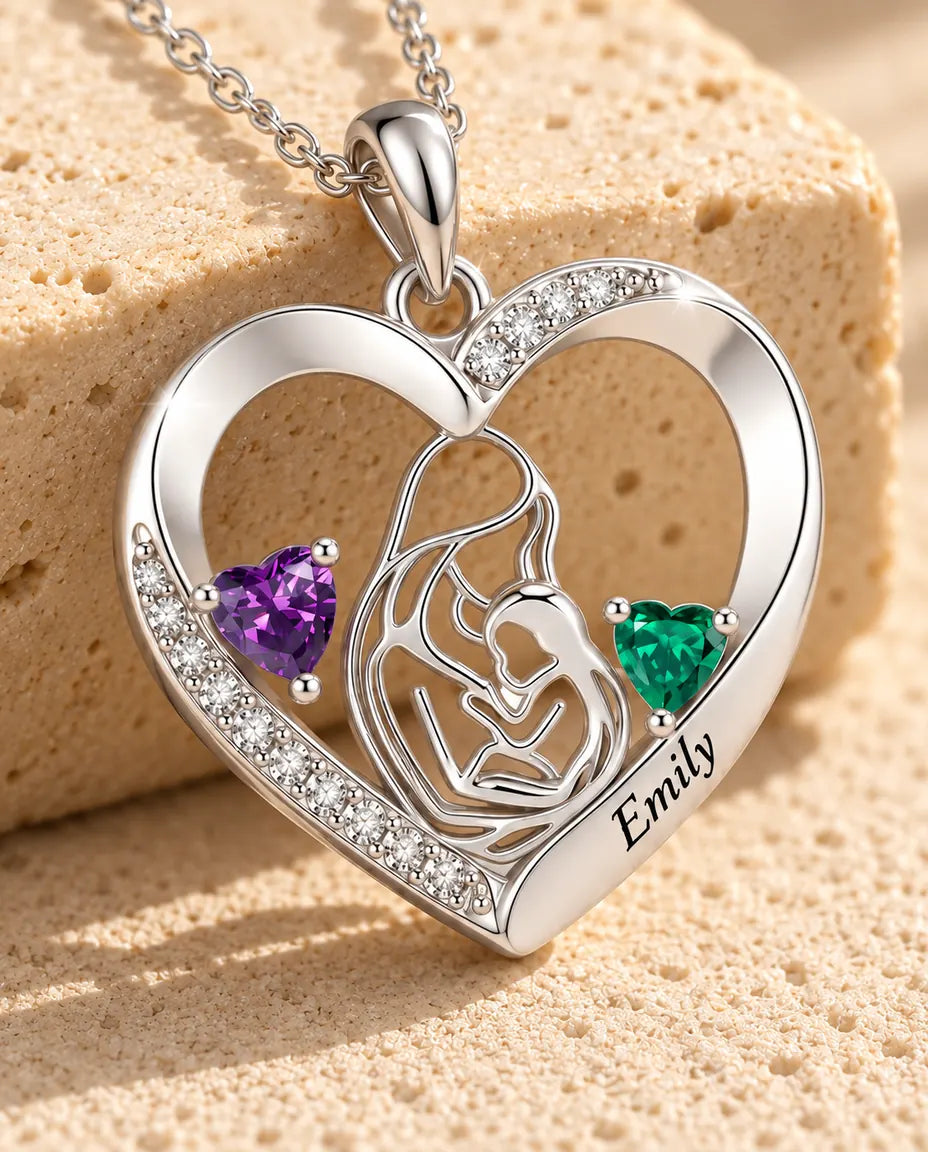 Personalised Mother And Child Necklace With Name - Heart Pendant With Two Simulated Birthstones, Silver