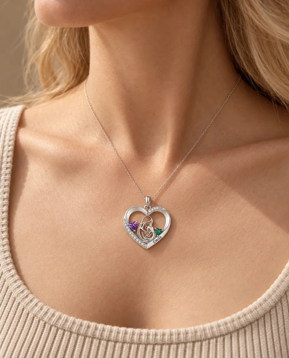 Personalised Mother And Child Necklace With Name - Heart Pendant With Two Simulated Birthstones, Silver