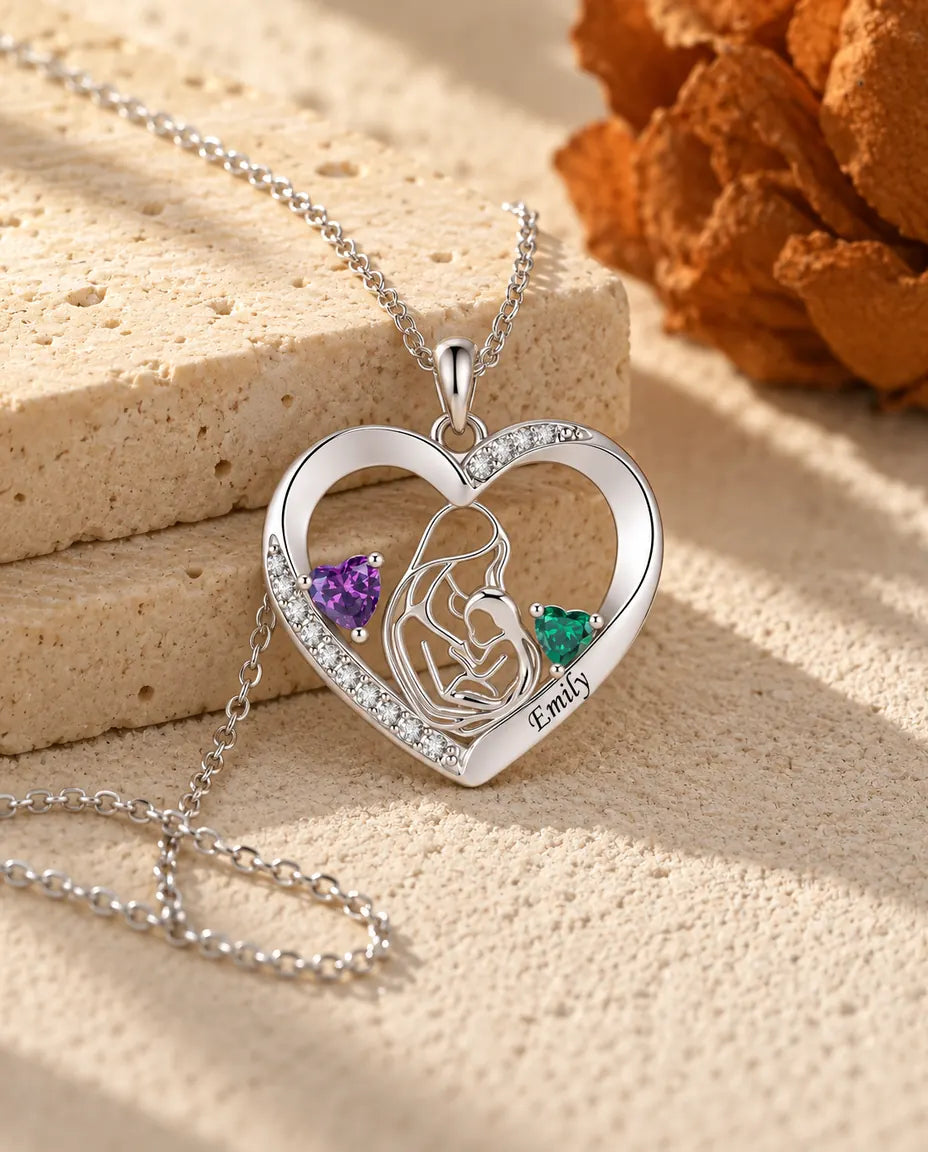 Personalised Mother And Child Necklace With Name - Heart Pendant With Two Simulated Birthstones, Silver