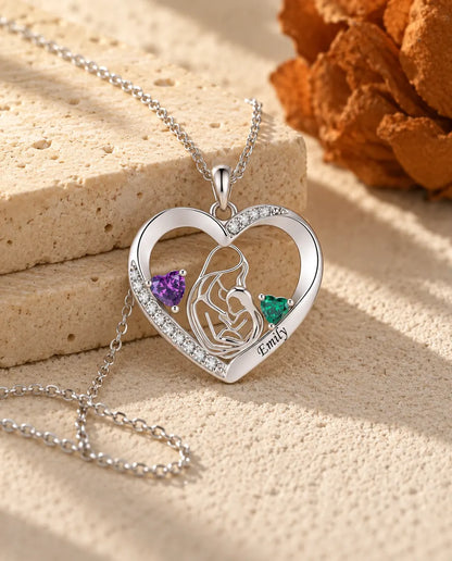 Personalised Mother And Child Necklace With Name - Heart Pendant With Two Simulated Birthstones, Silver