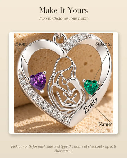 Personalised Mother And Child Necklace With Name - Heart Pendant With Two Simulated Birthstones, Silver