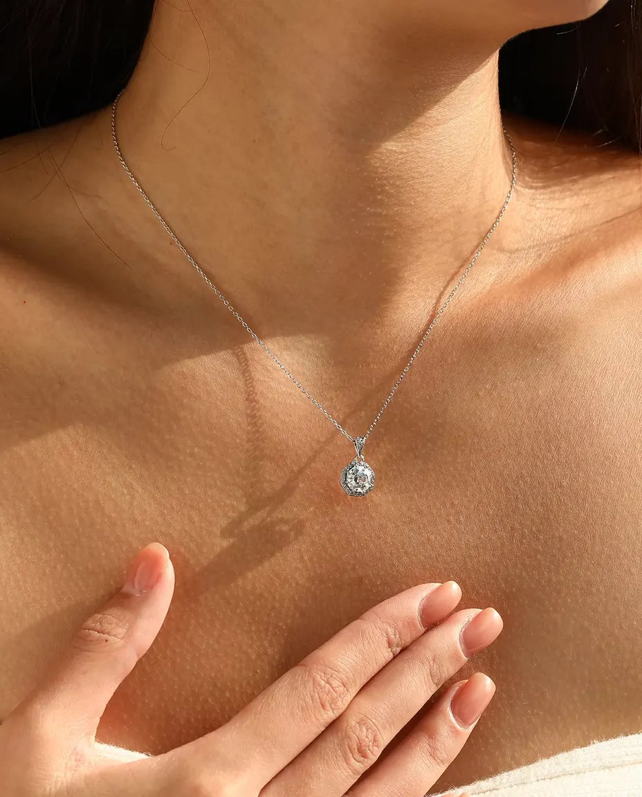 Octagon Halo Pendant Necklace - Step Cut Clear Stone Framed in Pave, 925 Sterling Silver, 40 + 5 cm Chain