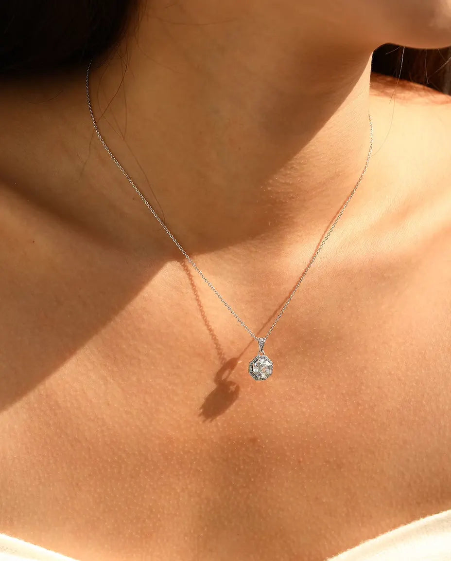 Octagon Halo Pendant Necklace - Step Cut Clear Stone Framed in Pave, 925 Sterling Silver, 40 + 5 cm Chain
