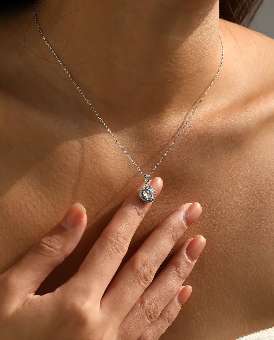 Octagon Halo Pendant Necklace - Step Cut Clear Stone Framed in Pave, 925 Sterling Silver, 40 + 5 cm Chain