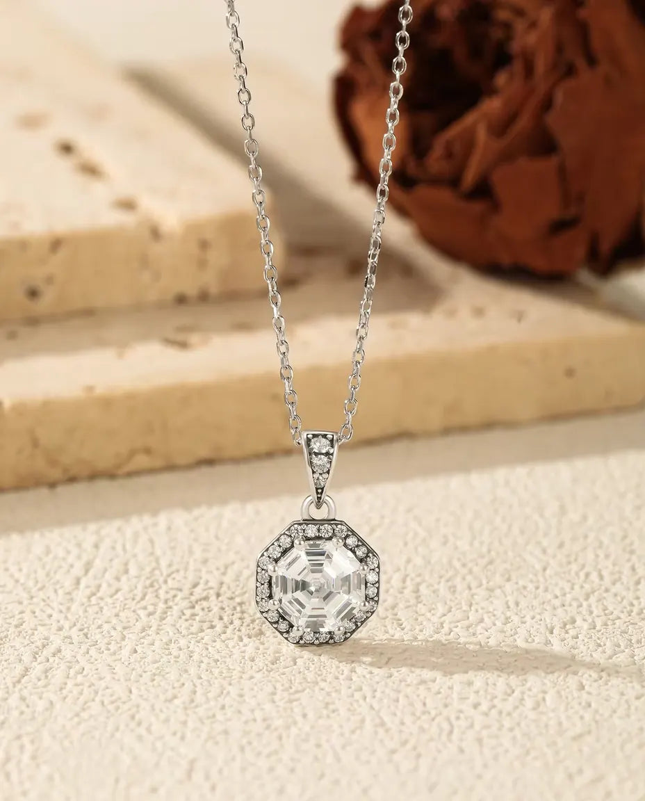 Octagon Halo Pendant Necklace - Step Cut Clear Stone Framed in Pave, 925 Sterling Silver, 40 + 5 cm Chain