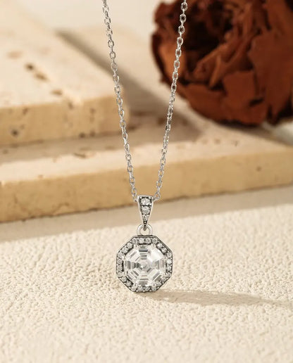 Octagon Halo Pendant Necklace - Step Cut Clear Stone Framed in Pave, 925 Sterling Silver, 40 + 5 cm Chain