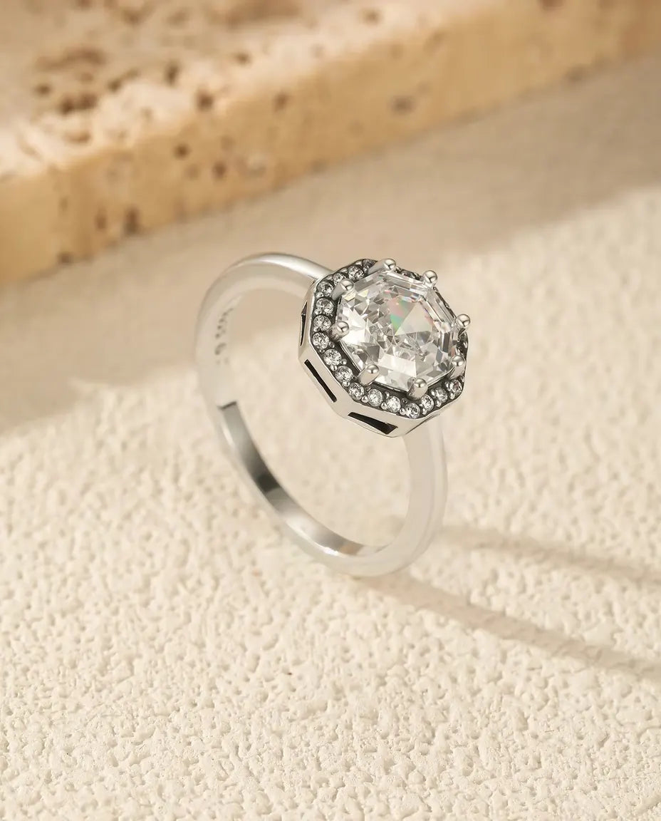 Octagon Halo Ring for Women - 9.5 mm Step Cut Zirconia Solitaire with Pave Halo in 925 Sterling Silver, Sizes 5 to 9