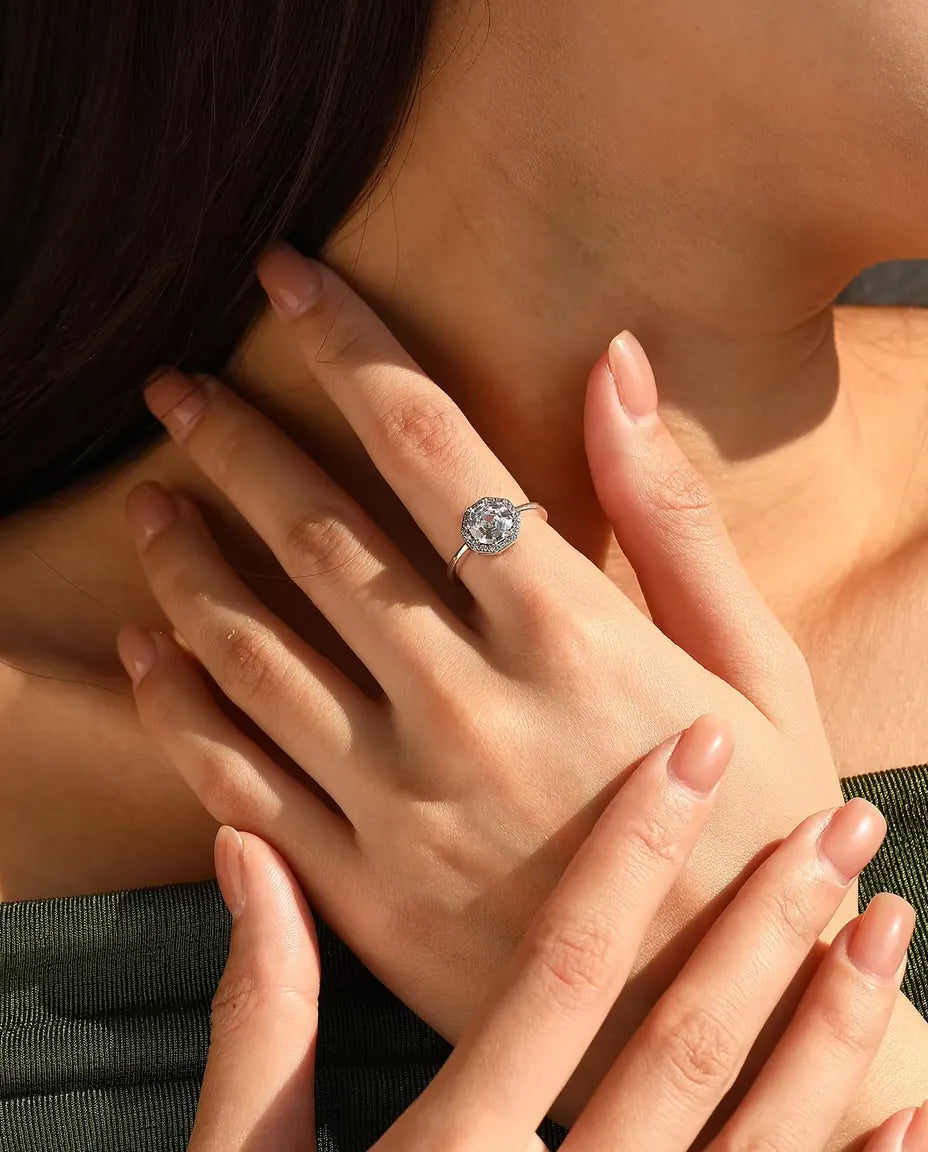 Octagon Halo Ring for Women - 9.5 mm Step Cut Zirconia Solitaire with Pave Halo in 925 Sterling Silver, Sizes 5 to 9