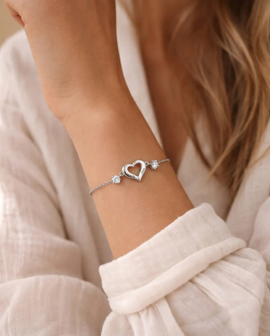 Personalised Birthstone Bracelet With 2 Names - Open Heart Chain Bracelet With Two Simulated Birthstones, Silver
