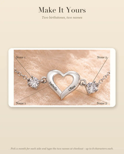 Personalised Birthstone Bracelet With 2 Names - Open Heart Chain Bracelet With Two Simulated Birthstones, Silver