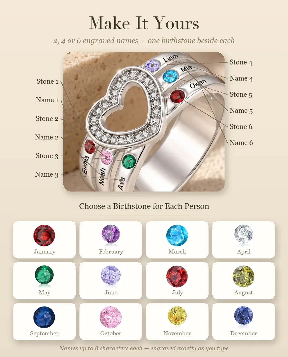 Personalised Open Heart Birthstone Ring With 2, 4 or 6 Names - Stackable Family Ring With Engraved Names and Simulated Birthstones, Silver