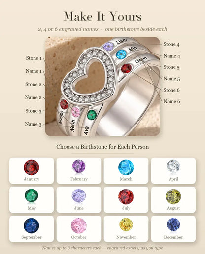 Personalised Open Heart Birthstone Ring With 2, 4 or 6 Names - Stackable Family Ring With Engraved Names and Simulated Birthstones, Silver