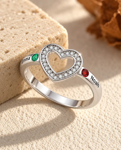 Personalised Open Heart Birthstone Ring With 2, 4 or 6 Names - Stackable Family Ring With Engraved Names and Simulated Birthstones, Silver