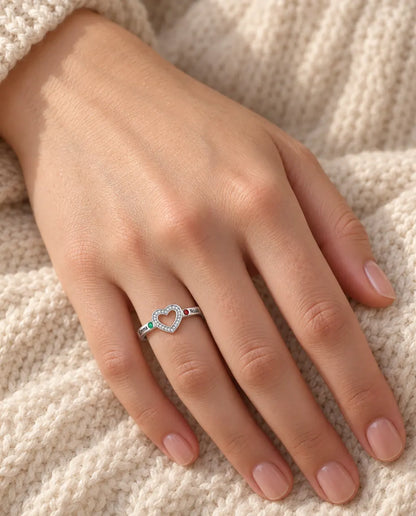 Personalised Open Heart Birthstone Ring With 2, 4 or 6 Names - Stackable Family Ring With Engraved Names and Simulated Birthstones, Silver