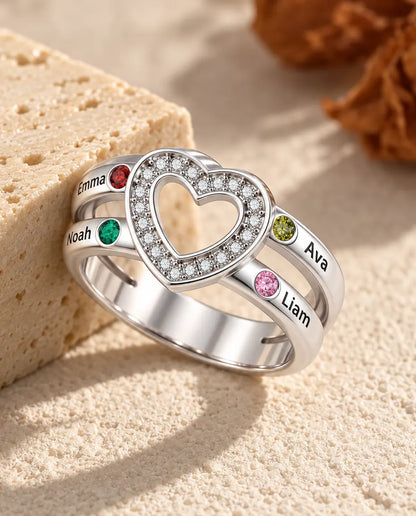 Personalised Open Heart Birthstone Ring With 2, 4 or 6 Names - Stackable Family Ring With Engraved Names and Simulated Birthstones, Silver