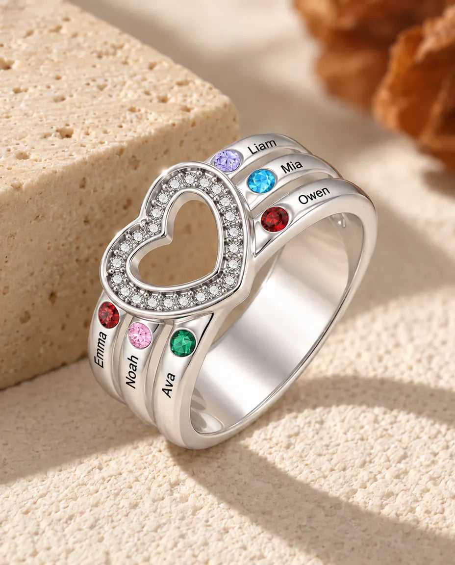 Personalised Open Heart Birthstone Ring With 2, 4 or 6 Names - Stackable Family Ring With Engraved Names and Simulated Birthstones, Silver