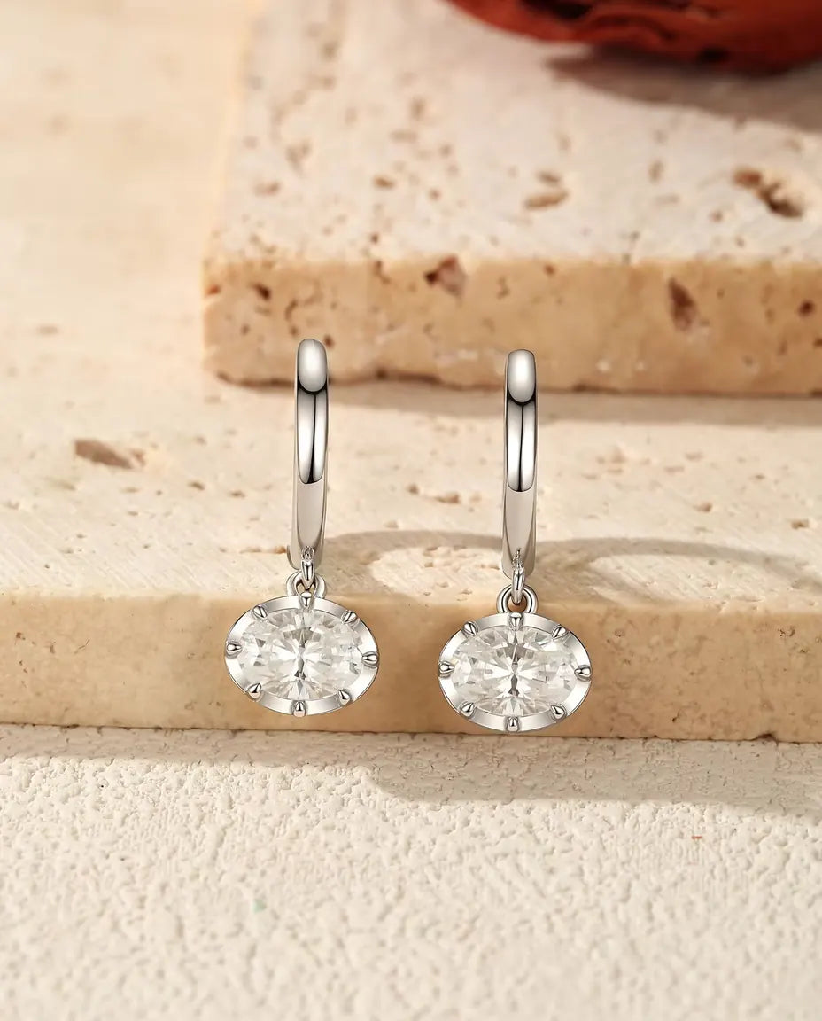 Oval Moissanite Drop Huggie Earrings - 1.00 ct each 5 x 7 mm Oval Stones, 21 mm Drop, 925 Sterling Silver