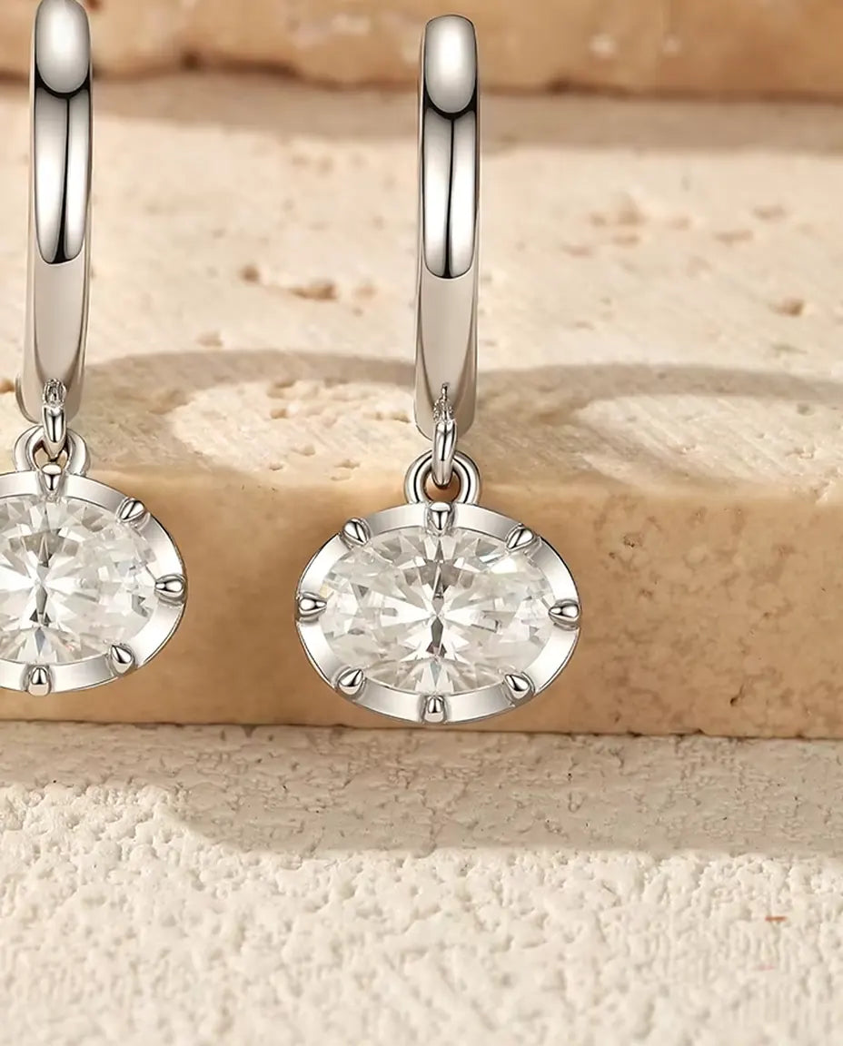 Oval Moissanite Drop Huggie Earrings - 1.00 ct each 5 x 7 mm Oval Stones, 21 mm Drop, 925 Sterling Silver