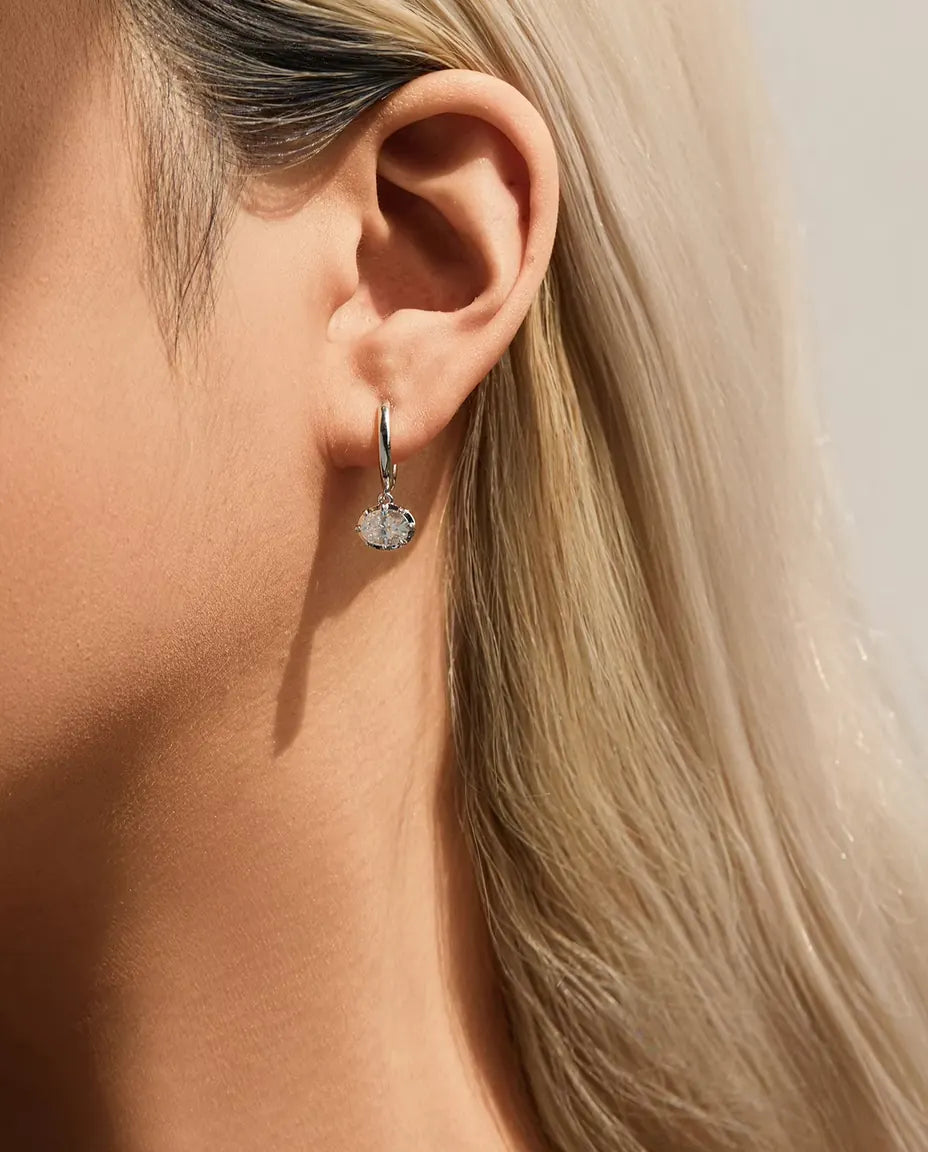 Oval Moissanite Drop Huggie Earrings - 1.00 ct each 5 x 7 mm Oval Stones, 21 mm Drop, 925 Sterling Silver