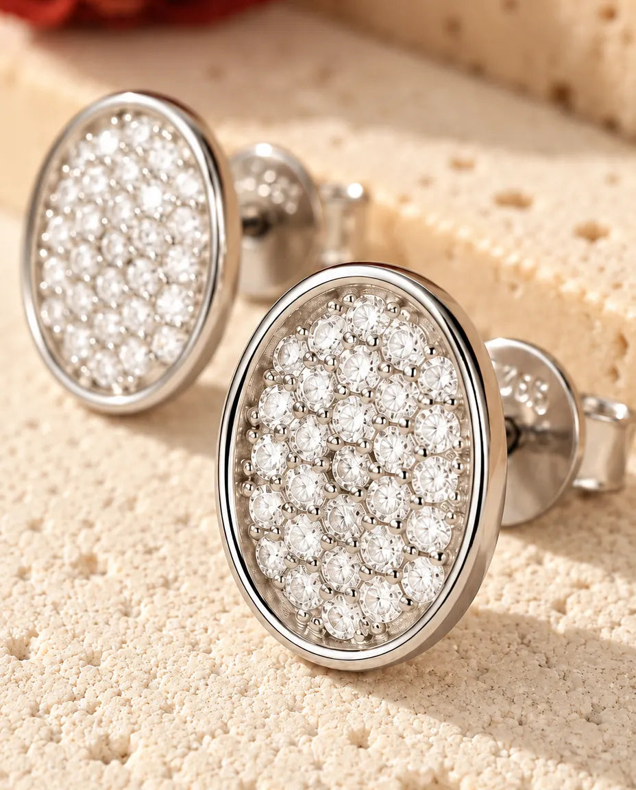 Oval Pave Moissanite Stud Earrings in 925 Sterling Silver - close-up of the pavé setting
