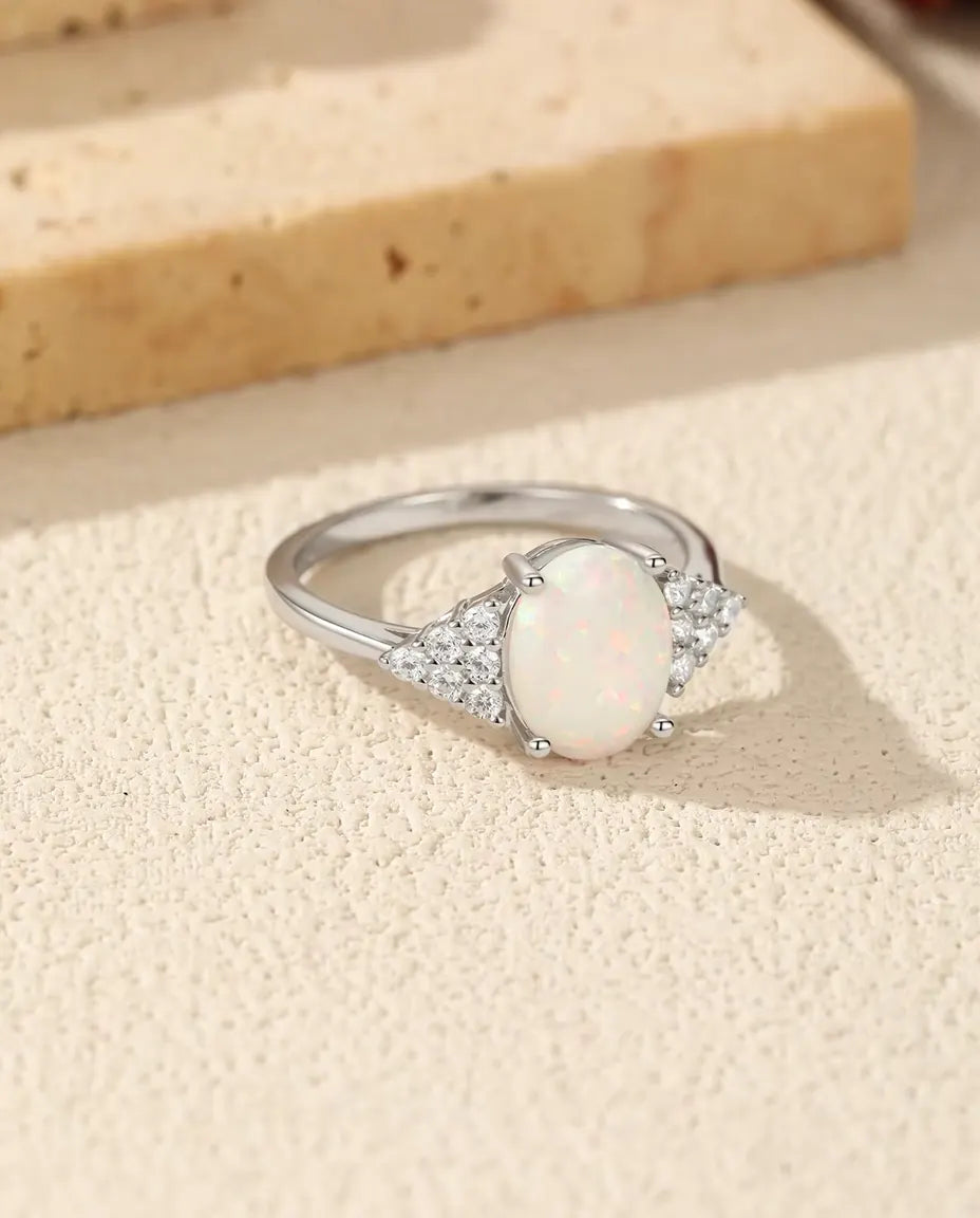 Oval Opal Ring - 7 x 9 mm White Opal with Pave Zirconia Shoulders, 925 Sterling Silver, Sizes 5 to 9