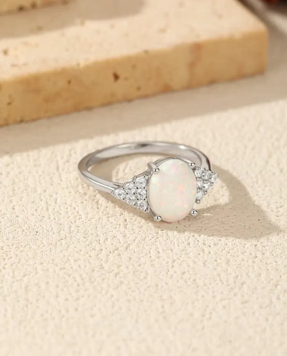 Oval Opal Ring - 7 x 9 mm White Opal with Pave Zirconia Shoulders, 925 Sterling Silver, Sizes 5 to 9