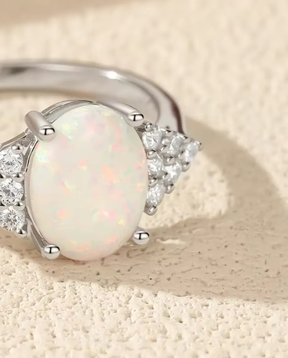 Oval Opal Ring - 7 x 9 mm White Opal with Pave Zirconia Shoulders, 925 Sterling Silver, Sizes 5 to 9