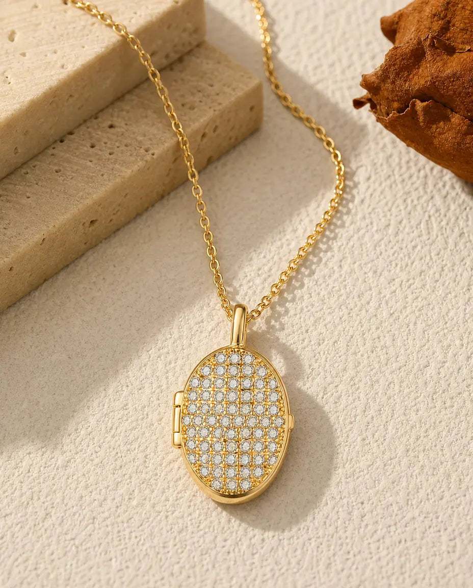 Personalised pave crystal oval photo locket necklace holding two pictures, gold