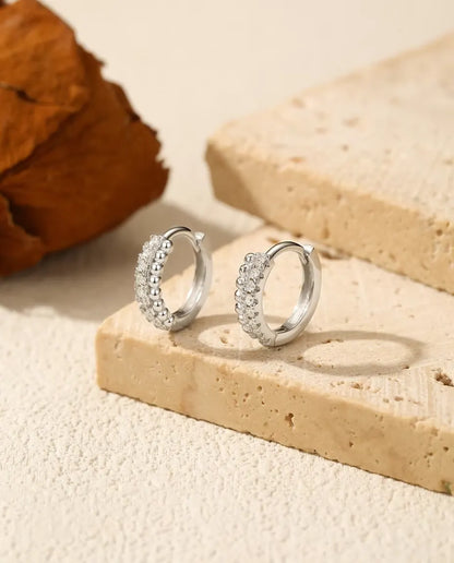 Pave Moissanite Huggie Hoop Earrings - Sixteen 1.3 mm D Colour Stones in Two Rows, 12 mm Hinged 925 Sterling Silver