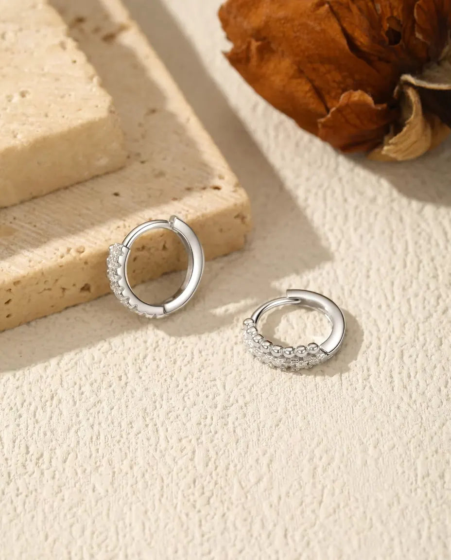 Pave Moissanite Huggie Hoop Earrings - Sixteen 1.3 mm D Colour Stones in Two Rows, 12 mm Hinged 925 Sterling Silver